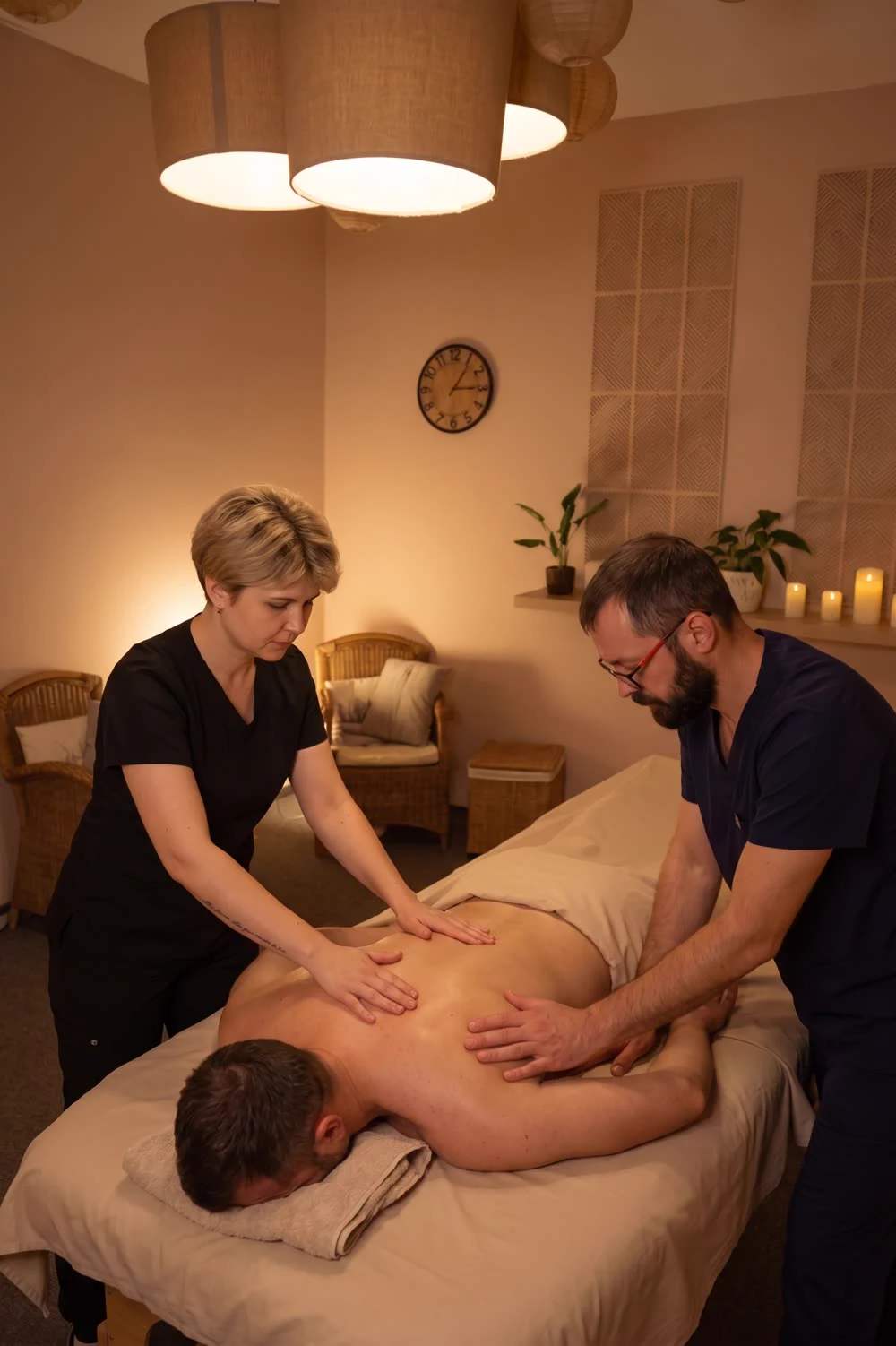 Masaż na 4 ręce w studiu Massage 4 You w Poznaniu - dwoje terapeutów pracuje jednocześnie nad plecami jednej osoby
